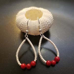 HANDMADE White Bead Teardrop Earrings w/ Red Accent